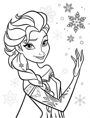 Página para Colorir Elsa cercada por flocos de neve