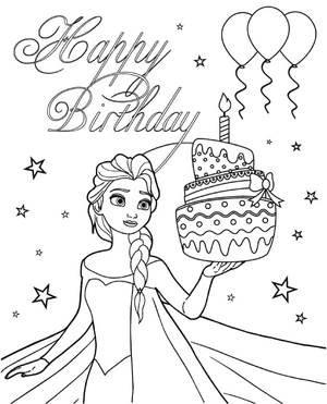 Página para Colorir Elsa com um Bolo de Aniversário