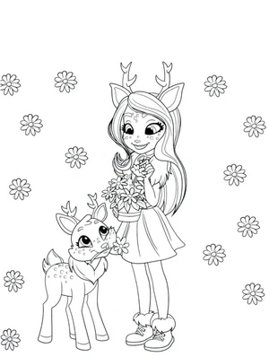 Página para Colorir Danessa e seu cervo colhendo flores no jardim