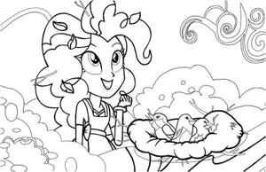 Página para Colorir Fluttershy Descobre um Ninho de Pássaros Bebês