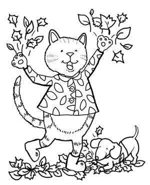 Página para Colorir Folhas de Outono e Gato
