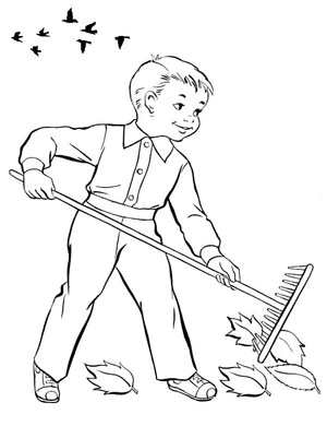 Página para Colorir Menino Rastrando Folhas de Outono