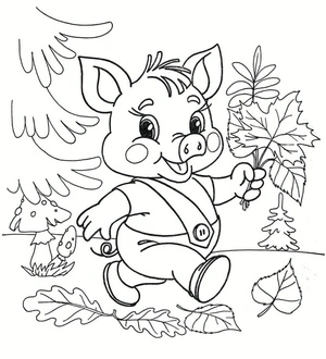 Página para Colorir Porco e Folhagem de Outono