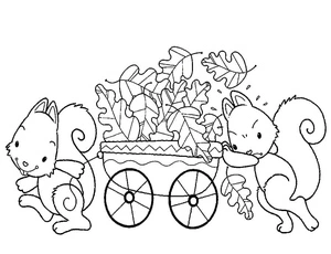 Página para Colorir Esquilos Brincando Entre Folhas de Outono