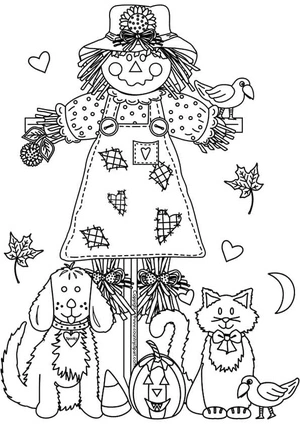 Página para Colorir Espantalhos e Animais de Outono