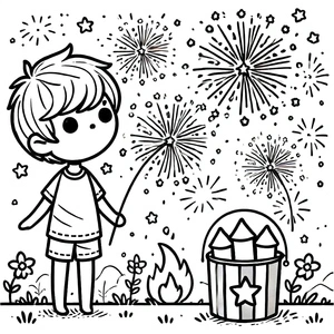 Página para Colorir Um Menino Observando Fogos de Artifício