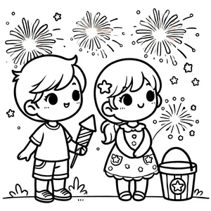 Página para Colorir Crianças Adoráveis Curtindo um Show de Fogos de Artifício