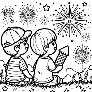 Página para Colorir Garotos com Fogos de Artifício