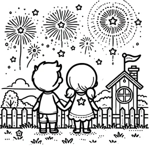 Página para Colorir Crianças Observando Fogos de Artifício