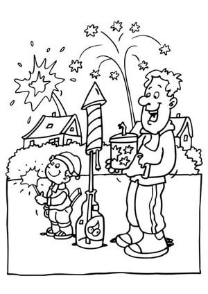 Página para Colorir Pai e Filho Assistindo Fogos de Artifício