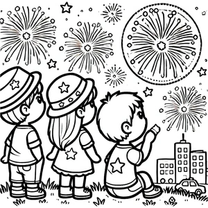 Página para Colorir Pequenos e Fogos de Artifício