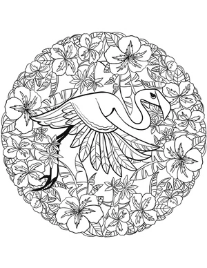Página para Colorir Mandala de Flamingo em Voo com Folhas