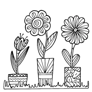 três vasos de flores, página para colorir de vaso de flor detalhada, impressão gratuita