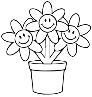 Flores sorridentes no vaso, fácil página de colorir de vaso de flor, grátis para imprimir