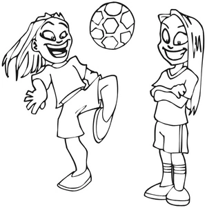 Meninas jogando futebol, fácil página para colorir de futebol, impressão gratuita