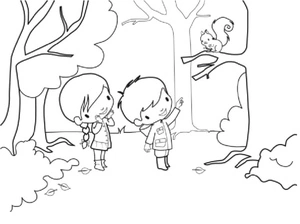 Página para Colorir Um Menino e uma Menina Vêem um Esquilo na Floresta