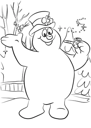 Frosty Alegre com braços abertos, página de colorir fácil boneco de neve, grátis para imprimir