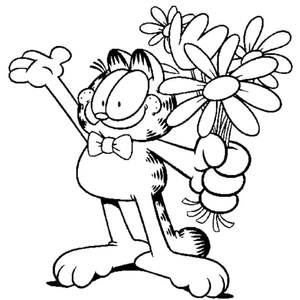 Página para Colorir Garfield segurando um buquê de flores