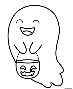 Fantasma sorridente com balde de abóbora, fácil página para colorir de fantasma, impressão gratuita