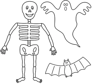 Página para Colorir Fantasma, Esqueleto e Morcego