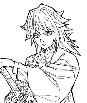 Giyu Tomioka com espada, página de colorir detalhada Demon Slayer, para imprimir grátis