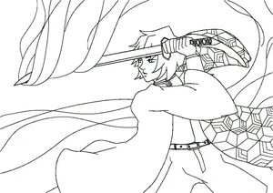 Giyu Tomioka em pose de batalha, página de colorir detalhada de Giyu Tomioka, grátis para imprimir