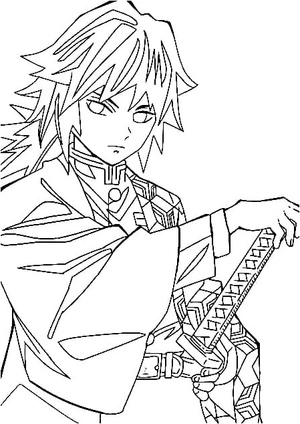 Giyu Tomioka segurando a espada, página para colorir detalhada de Giyu Tomioka, grátis para imprimir