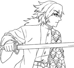 Giyu Tomioka em pose de combate, página para colorir detalhada do Giyu Tomioka, imprimível grátis