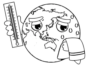 Planeta suando com termômetro, página de colorir média sobre aquecimento global, impressão gratuita