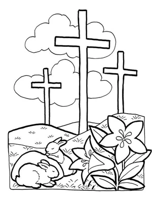 Cruz com coelhos e flores, fácil página para colorir Sexta-feira Santa, imprimível grátis