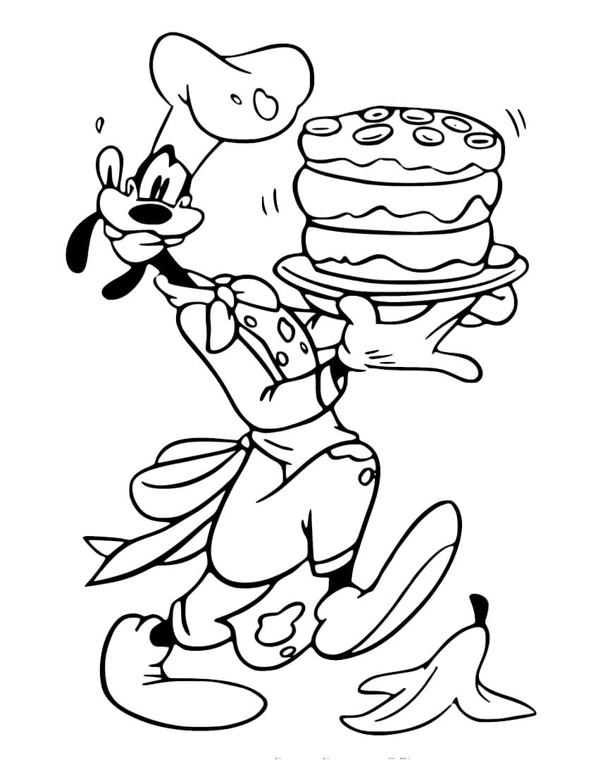 Página para Colorir Chef Pateta Segurando um Bolo com Casca de Banana