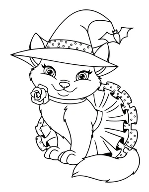 Gatinha com chapéu de bruxa, página de colorir média Gato de Halloween, grátis para imprimir