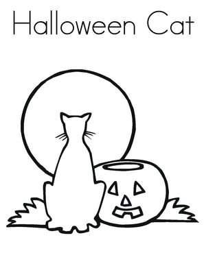 Gato sentado com abóbora, fácil página de colorir Gato de Halloween, impressão gratuita