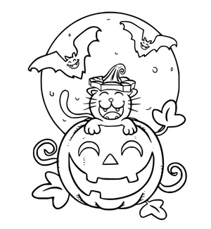 Gato brincando em abóbora, página de colorir fácil de Gato de Halloween, impressão gratuita