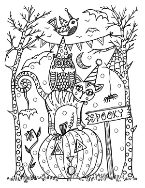 Gato na floresta assombrada, página para colorir detalhada de Gato de Halloween, grátis para imprimir