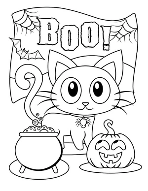 Gato de Halloween com caldeirão e abóbora, fácil página de colorir, imprimível grátis