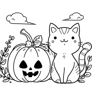 gato sentado ao lado de uma abóbora, página de colorir fácil de gato de Halloween, grátis para imprimir