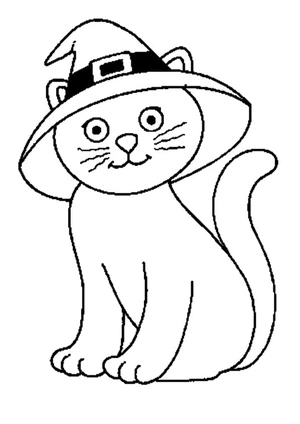 Gato com chapéu de bruxa, fácil página de colorir de Gato de Halloween, para imprimir grátis