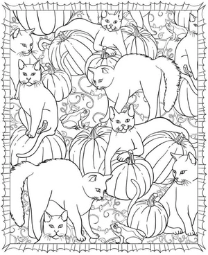 Gatos entre abóboras, página de colorir detalhada de Gato de Halloween, imprimível grátis