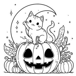 Gato fofo em abóbora de Halloween, página para colorir detalhada, grátis para imprimir