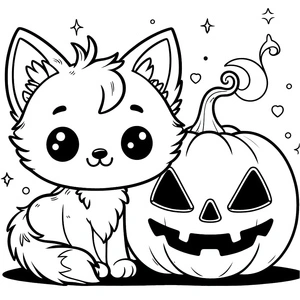 Gatinho fofo com abóbora, fácil página para colorir de Gato de Halloween, imprimível grátis