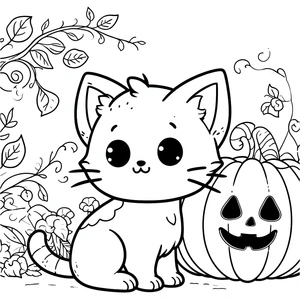 Gato com abóbora, fácil página para colorir do Gato de Halloween, grátis para imprimir