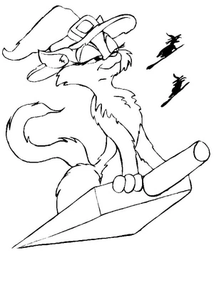 Gato com chapéu de bruxa em vassoura, médio Gato de Halloween coloring page, free printable
