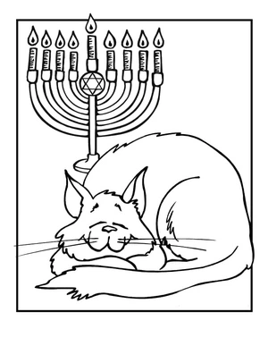 Página para Colorir Página para Colorir de Gato e Menorá de Hanukkah