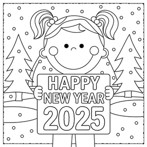 Página para Colorir Celebração de Ano Novo 2025 com Garota Adorável