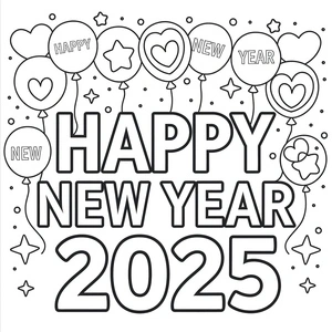 Página para Colorir Balões em uma Celebração de Ano Novo em 2025