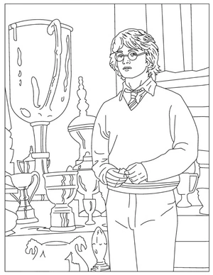Harry Potter com troféus, página de colorir detalhada de Harry Potter, impressão gratuita