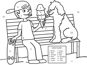 Página para Colorir Colorir por Número: Menino e Cachorro Curtindo Sorvete