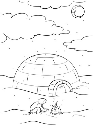 Página para Colorir Iglu na Frente de uma Fogueira