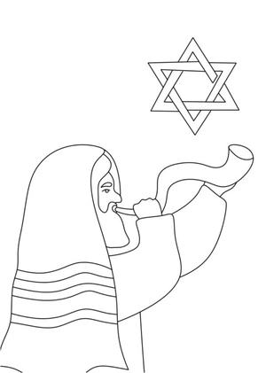 Pessoa tocando shofar, página de colorir detalhada de Israel, impressão gratuita
